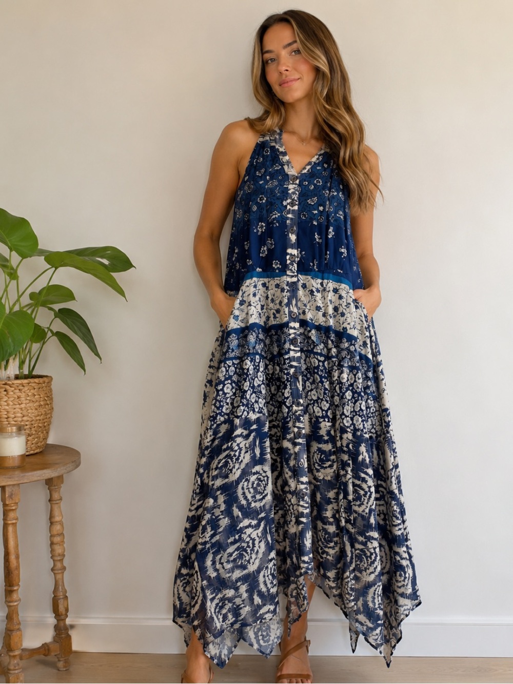 Bar III Boho Handkerchief Hem Maxi Dress Navy White Printed Sleeveless